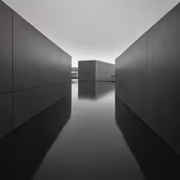 the dark building is reflecting in the water