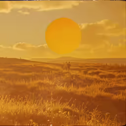 a yellow and orange picture is over a grassy field