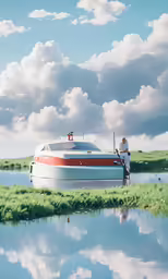 a man sitting on a dock by a boat on the river
