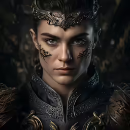 a woman in ornate head and body pieces