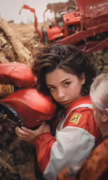 the woman is carrying her luggage in front of the tractor