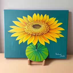 there is a picture of a sunflower that was painted,an image of a sunflower painted on a canvas