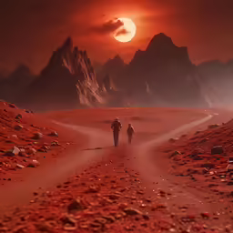 two people are walking down the desert road in front of mountain ranges