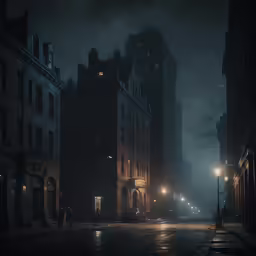 a dark city street at night with people walking through