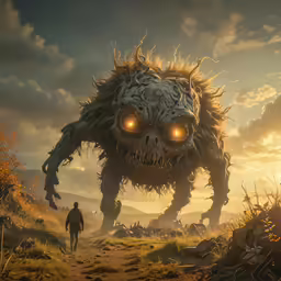 an animal walks across a field towards another creature
