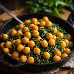 a pan full of small chickpeas and greens on a cutting board