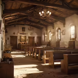a church with lots of pews and chandelier