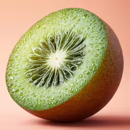 the half of a kiwi fruit on a pink background