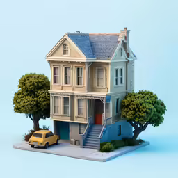 the model of a home is next to some trees