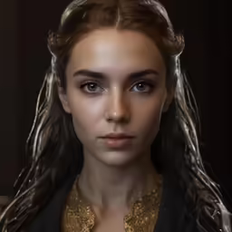 a woman with long hair and braids is staring