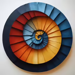 a blue, red, and orange spiral shape is featured on a wall