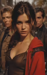 the man and woman in red are posing for pictures