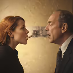 a beautiful red headed woman standing next to a man with a cigar in her mouth