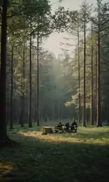 two people are sitting on a bench in the woods