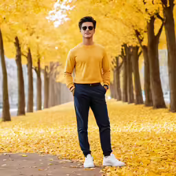 a man stands in front of yellow leaves, with a tree lined path behind him
