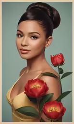 a girl is wearing a yellow dress and red flowers