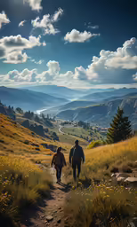 two people are walking up a steep hill together