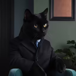a black cat dressed in suit and tie sitting on a blue chair