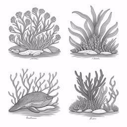 four drawings of sea plants and animals