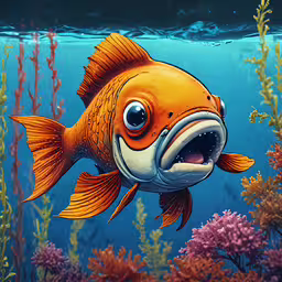 an animated goldfish swimming among seaweed,a very cute yellow fish with big eyes
