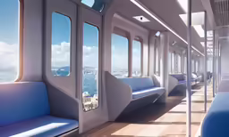 a bunch of seats inside of a train next to windows