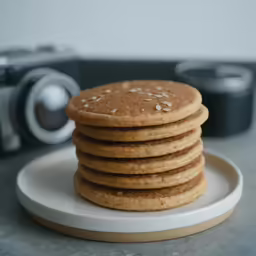 a stack of sugar cookies on a plate with a camera in the background