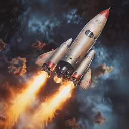a space shuttle taking off with a large flame in the sky