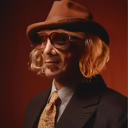 man with white hair and a big, shiny, brown hat