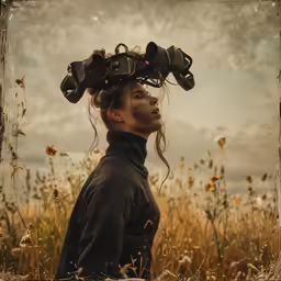 a woman in a field with binoculars and a camera on her head