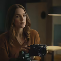 a woman holding a camera up to her face