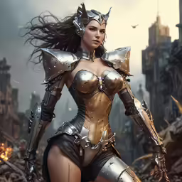 a woman in warrior armor is on the run with a sword