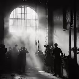 a group of men standing in front of a window