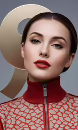 a woman is wearing a red jacket with white and orange print