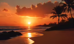 the sun is setting over the beach with palm trees