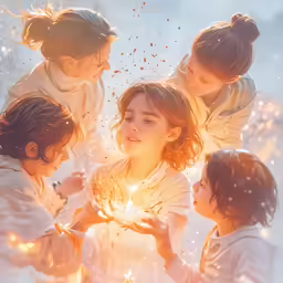 the little girls are surrounded by their mother, holding her hands up as if reaching for something