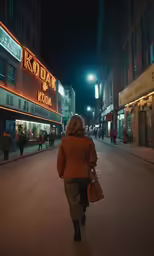 a woman is walking down the street by a theater