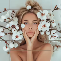 woman with white flowers arranged around her face