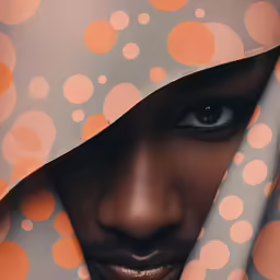 a man with his eyes open in front of a polka dotted background