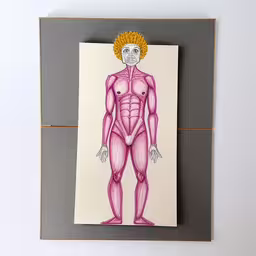an artistic card shows the drawing of a man with a blonde mohawk and chest,an art print of a male nude body