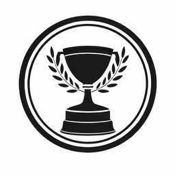 a black and white circular logo with a trophy and laurel wreath on the side