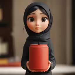 a doll with black clothing holding a can