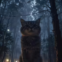 the cat is looking into the camera in the night