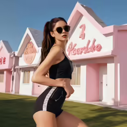 a girl with sunglasses is posing outside a store