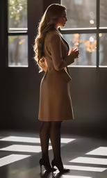 an elegant woman in heels is looking out the window
