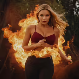 woman in red bra standing with flames