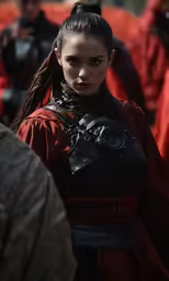 a young woman in costume and gloves looking down at the camera