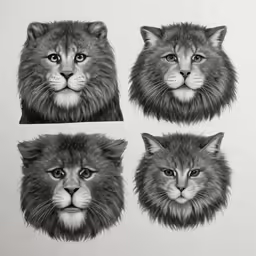 an animal with four different facial expressions that appear to be drawn on paper