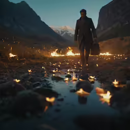 the man in a long coat is holding a suitcase