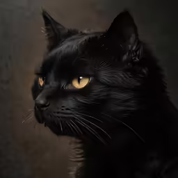 a black cat is staring ahead, with yellow eyes