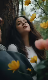 young lady sitting next to tree with yellow flowers